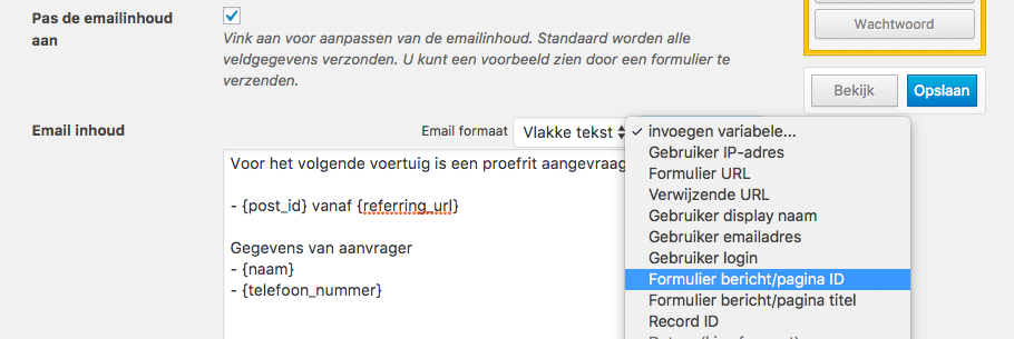 Opmaken mail met voertuig informatie